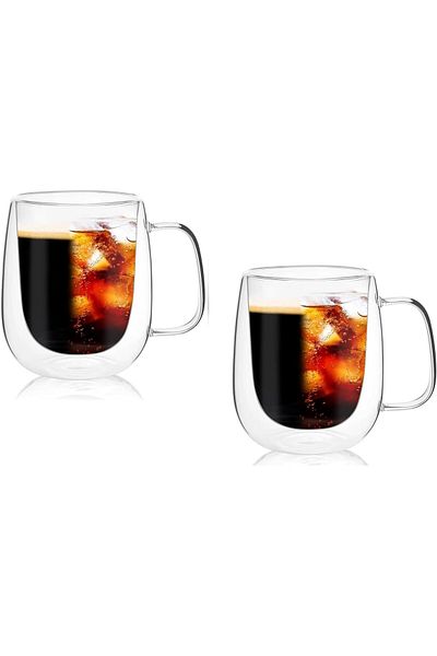 STOREMAX Jvnnastore Home Borosilicate 2 Pieces Double Walled Mug Cup, 250 ml Glass Tea Coffee Milk Cup with Handle
