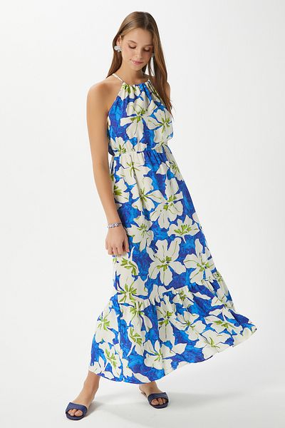Ritnice Rochie de damă Maria albastră din viscoză cu talie florală elastică