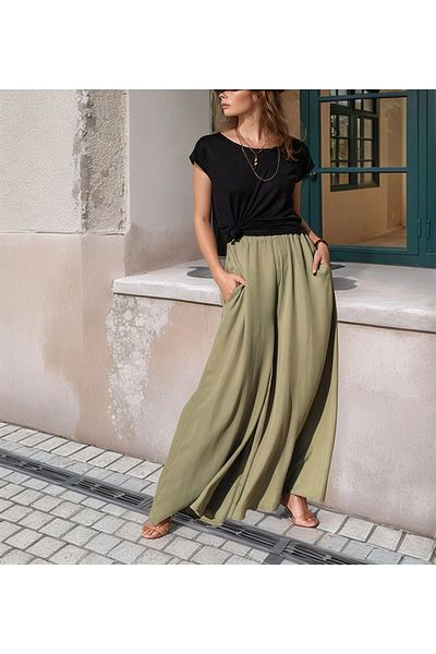 bacc Women's Khaki Elastic Waist Pocket Wide Leg Crepe Trousers Bcbsk-25700-3222