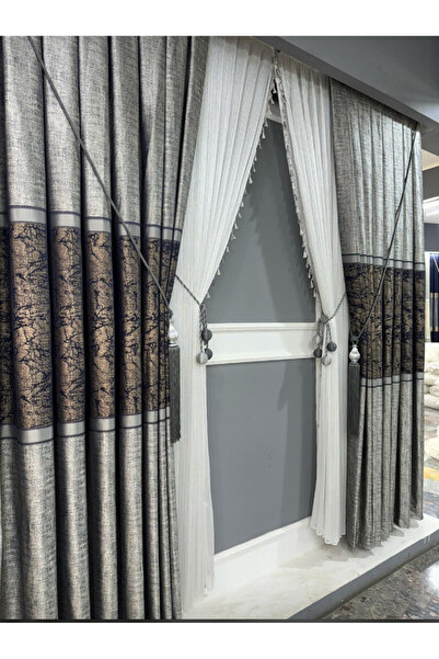 Koral Pano Pon Perde ( 2 kanat ) /Sık Pile /Yeni Sezon /gri renk /armür desen...