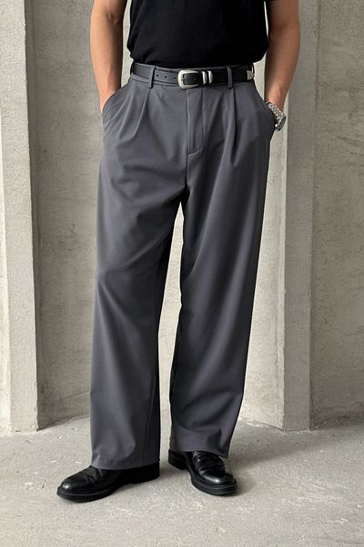 HYMAN Men's Pleated Extra Baggy Fit Fabric Pants