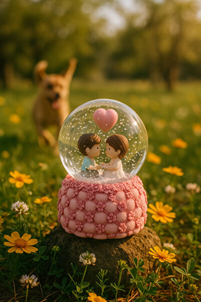 KAR KÜRESİ Işıklı Sevimli Aşıklar Temalı Pembe Sihirli Kar Küresi