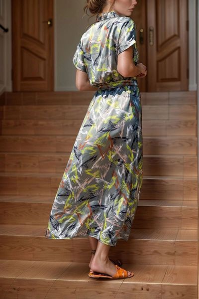 bacc Rochie lungă din satin verde pentru femei, cu talie elastică, cu jumătate de plăcuță Bcbsk-25700-3232
