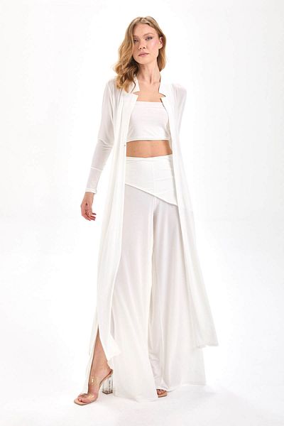 By Yaren Yazıcı Ecru Collar Design Detailed Slit Single Button Accessory Cardigan Jacket