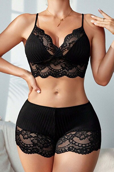 CGDI Kadın Siyah Kaşkorse ve Dantel Detaylı Şortlu Gecelik Takım