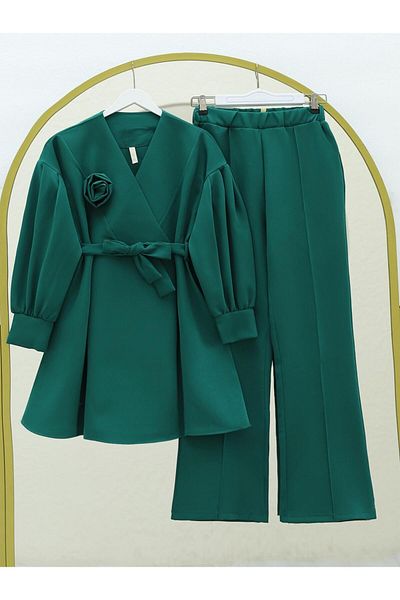 MACMODA Belted Waist Cross Collar Balloon Sleeve Suit Double Fabric