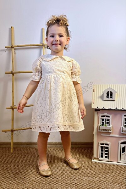 penu baby kids Ekru Çiçek Desenli Pamuklu Brode Kız Çocuk Elbise