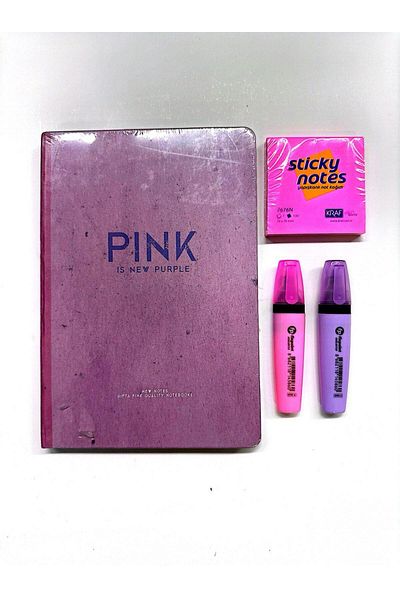 Gıpta New Notes Thread Stitched Hard Cover Pink Notebook-Highlighter (2 Pcs. )-Adhesive Note Paper-Set 2