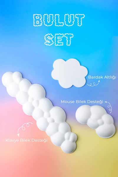 GoLite 3 Parça Bulut Şekilli Beyaz Klavye Ve Mouse Bilek Desteği Seti Ergonomik Memory Foam Kaymaz Taban