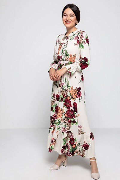 azra moda Φόρεμα με μοτίβο μεγάλου λουλουδιού με δέσιμο γιακά - ΚΡΕΜΑ