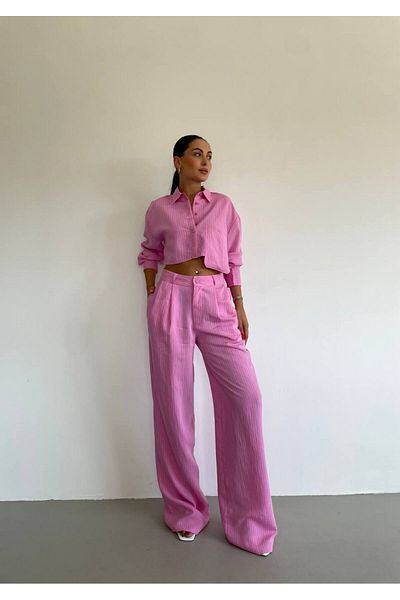 369 etnik butik Striped Crop Shirt & Wide Leg Pants Set - Two Piece Set