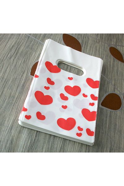 morlalem m 100Pcs 10X15Cm Plastic Bags, Gift Bag, Red Hearts Printed Packaging
