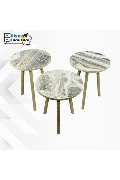 PixelsFurniture Pixel Furniture 3 Piece Round Coffee and Tea Serving Table Set, Marble Wood