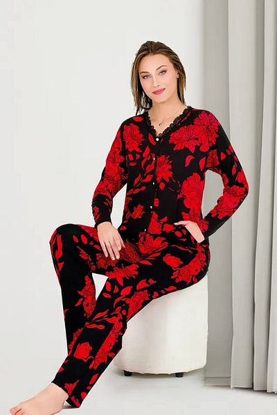 azra moda Set pijama cu mânecă lungă cu nasturi în sus, roșu, cu flori