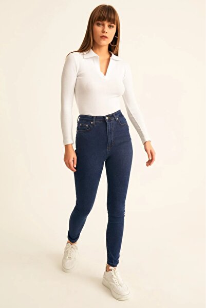 TugsatTasarTekstil Висока талія, темно-сині вузькі штани, супер-обтислі, жіночі, один розмір, візуально подовжують ноги