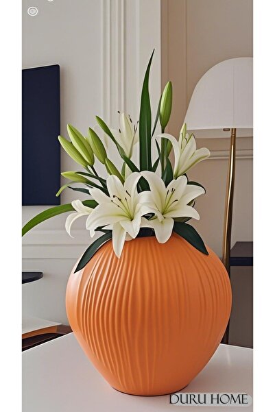 Lui Tasarım İskandinav Tarzı Büyük Boy Oval Seramik Çizgi Desen Turuncu Vazo