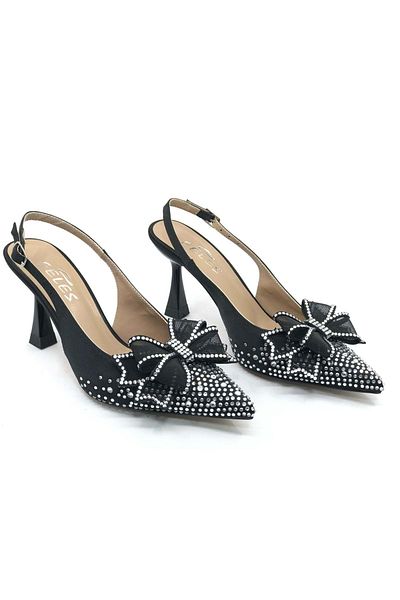 KOCAMANLAR Women's Stiletto Heeled Black Shoes Satin Ribbon