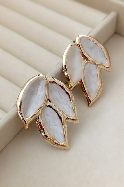COSİTA Vintage Gold Framed Leaf Cream Enamel Earrings