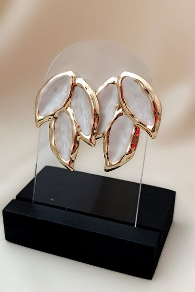 COSİTA Vintage Gold Framed Leaf Cream Enamel Earrings