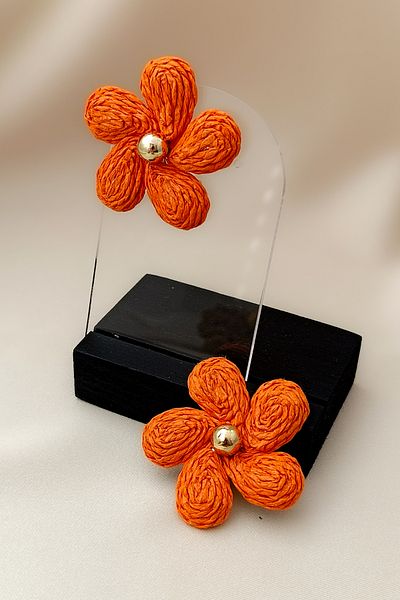 COSİTA Wicker Orange Daisy Earrings Gold Detailed Medium Size