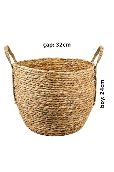 Fidanburada Hasır Sepet Kulplu Boho Saksı - Large