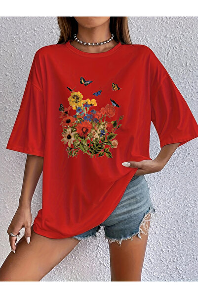 Trend Sizde Unisex Cotton Butterfly Flowers Front Printed Design Tshirt