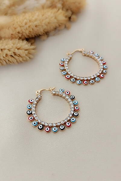 COSİTA Evil Eye Bead Row Zircon Stone Detailed Rose Hoop Clip Earrings