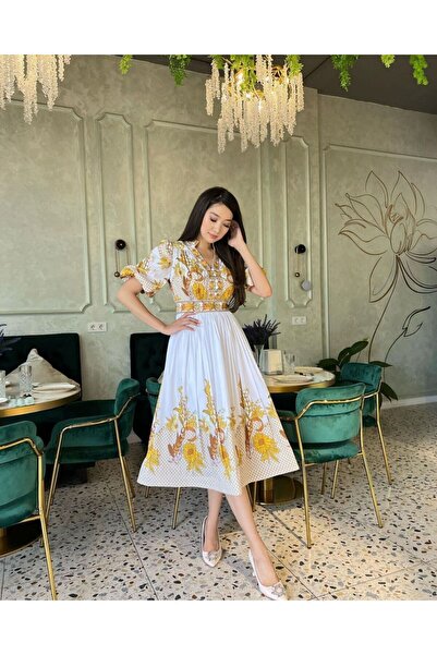 ELEWOMEN sarı ve beyaz renği atlas kumaştan elbise