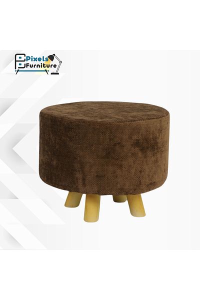 PixelsFurniture Round pouf seat with linen fabric and wooden bases from Pixel Furniture