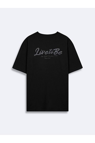 Ltb Short Sleeve Crew Neck Slogan Loose Black T-Shirt