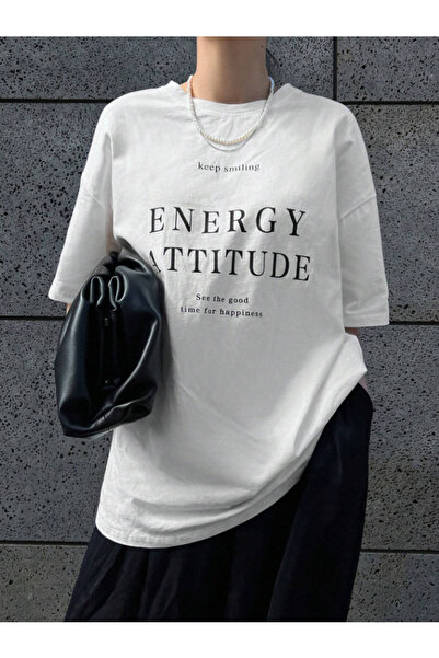 Framgan Tricou alb cu mânecă scurtă, cu imprimeu Energy Attitude, pentru femei