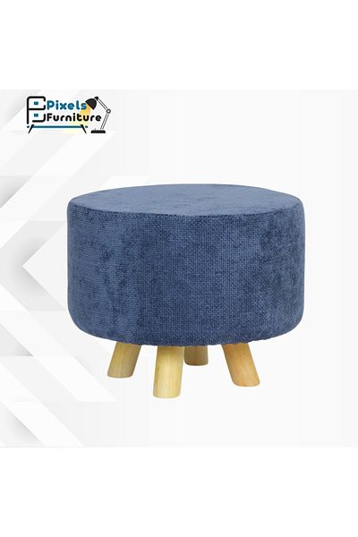 PixelsFurniture Pixel Furniture Round Pouf Seat with Linen Fabric and Wooden Base, Blue