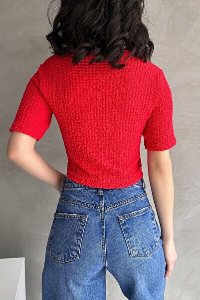 neonstore V-Neck Tie Front Seersucker Crop Blouse