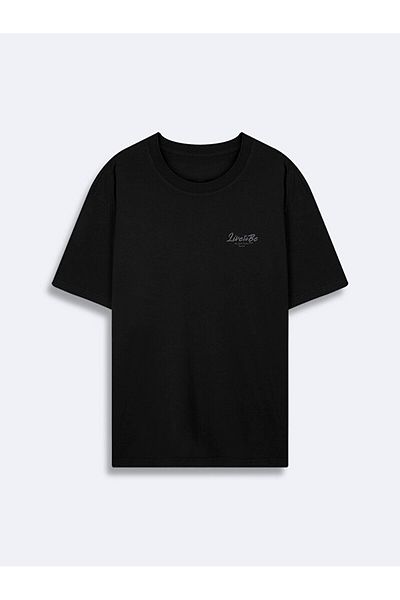 Ltb Short Sleeve Crew Neck Slogan Loose Black T-Shirt