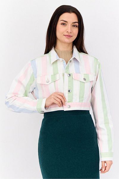 Esprit Women Yarn Dyed Cropped Denim Jacket, Multicolour