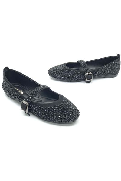 Kocamanlar Ayakkabı Feles Stone Detailed Women's Ballerina Shoes Black