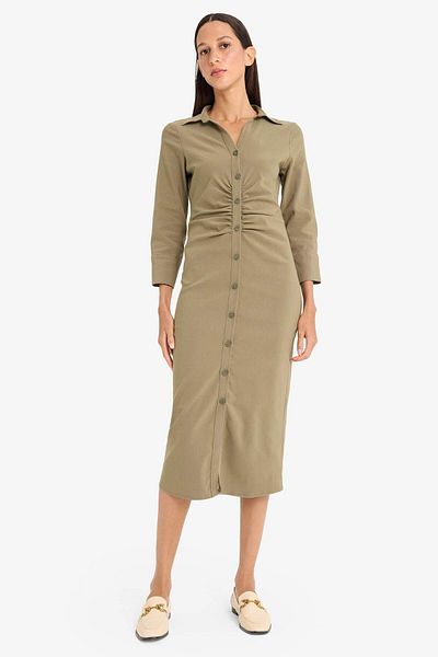 DeFacto Shirt Collar Basic Plain Button Closure Belil Shirred Bengalin Half Sleeve Dress D4560Ax25Sp