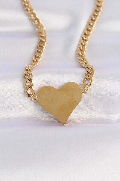 Twin Store 316L Steel Chain Gold Color Flat Plate Heart Necklace