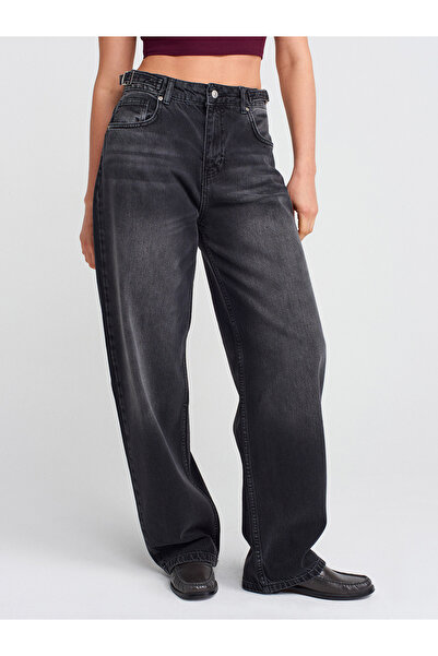 Dilvin 71783 Pantaloni din denim Baloon cu detaliu cu cataramă pe laterale-Negru