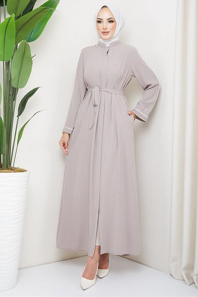 hafsamina Belted Hidden Placket Abaya Mink HM2178