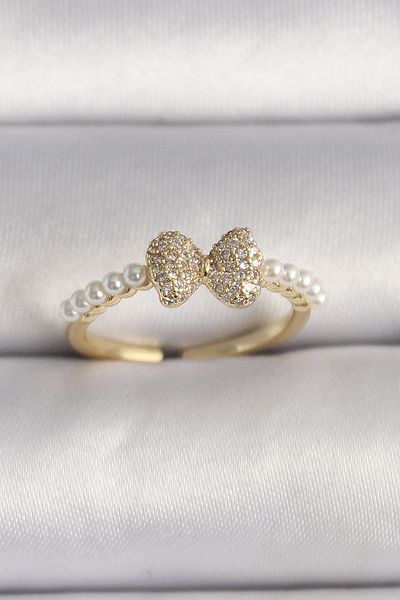 Clariss Brass Gold Color Zircon Stone Bow Pearl Detail Adjustable Ring