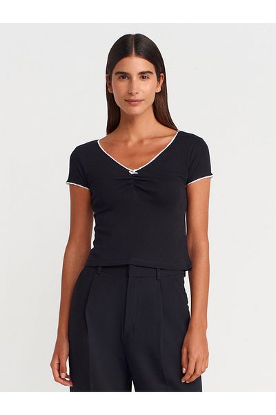 Dilvin 31798 Short Sleeve Shirred Top-Black