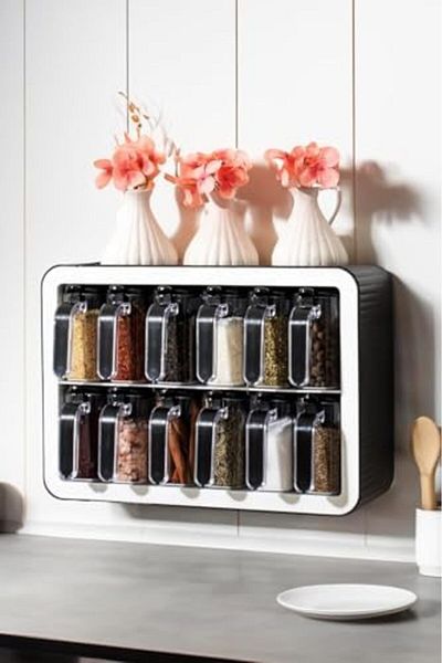 STOREMAX Ntwork Luxury 12-Piece Spice Rack Set with Spoon Lid and Self-Adhesive (Black-Beya