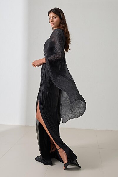 Setre Black Cape and Drape Detailed Wide Fit Evening Dress