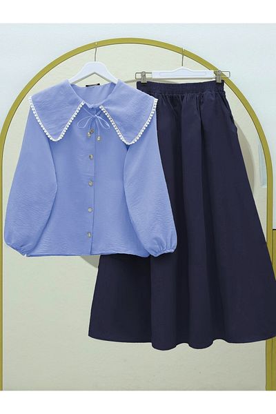 Modamorfo Blue Baby Collar Lace Shirt with Elastic Sleeves