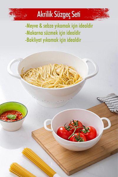 Mu Art Ahşap Acrylic White 2-Piece Strainer Set (Pasta & Rice Strainer)