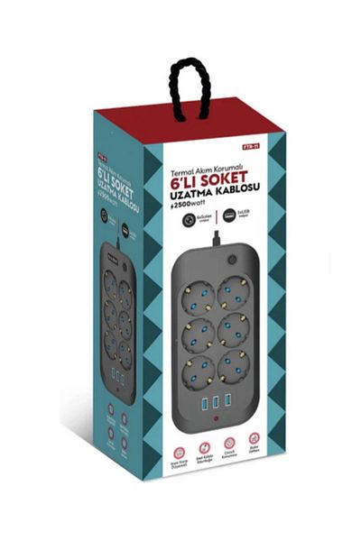 Miracle Omni Thermal Current Protected, Child Proof, 6-Piece 2 Mt Extension Cable 6 X Socket, 3 X USB
