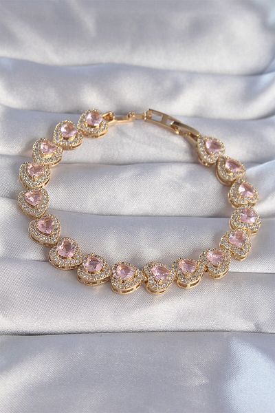 NEZADE STORE Vip Series Brass Gold Color Pink Zircon Stone Heart Design Bracelet - Lisinya