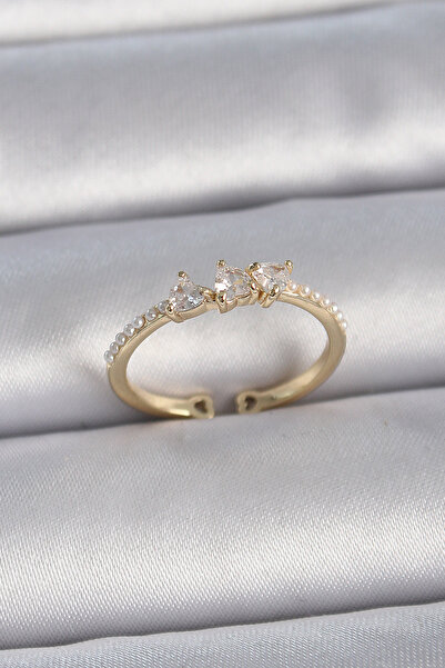 Clariss Brass Gold Color Zircon Stone Heart Pearl Detailed Adjustable Model Women's Ring