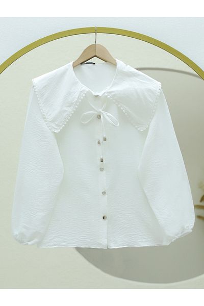 Modamorfo Baby Collar Lace Shirt with Elastic Sleeves -White
